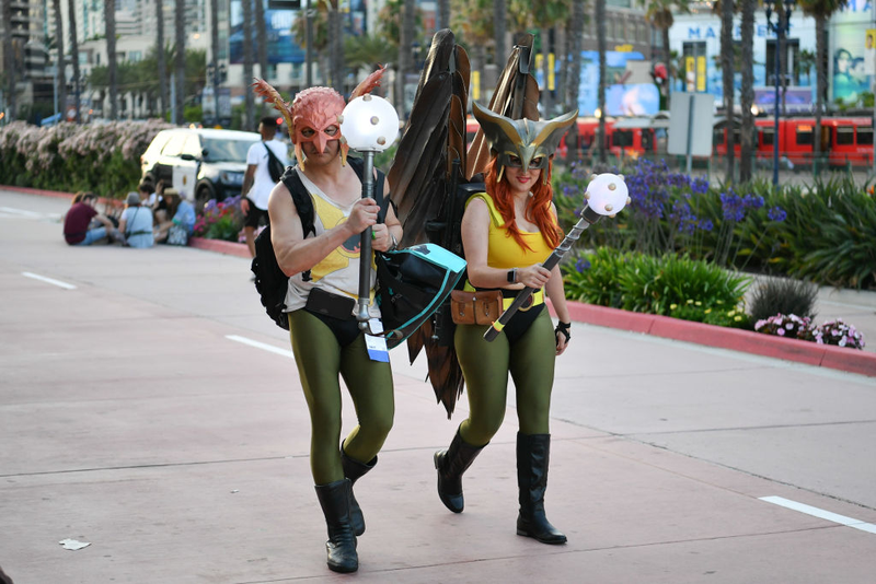 Hawkman and Hawkgirl are patrolling the streets of Comic-Con, like all good space-bird-cops.